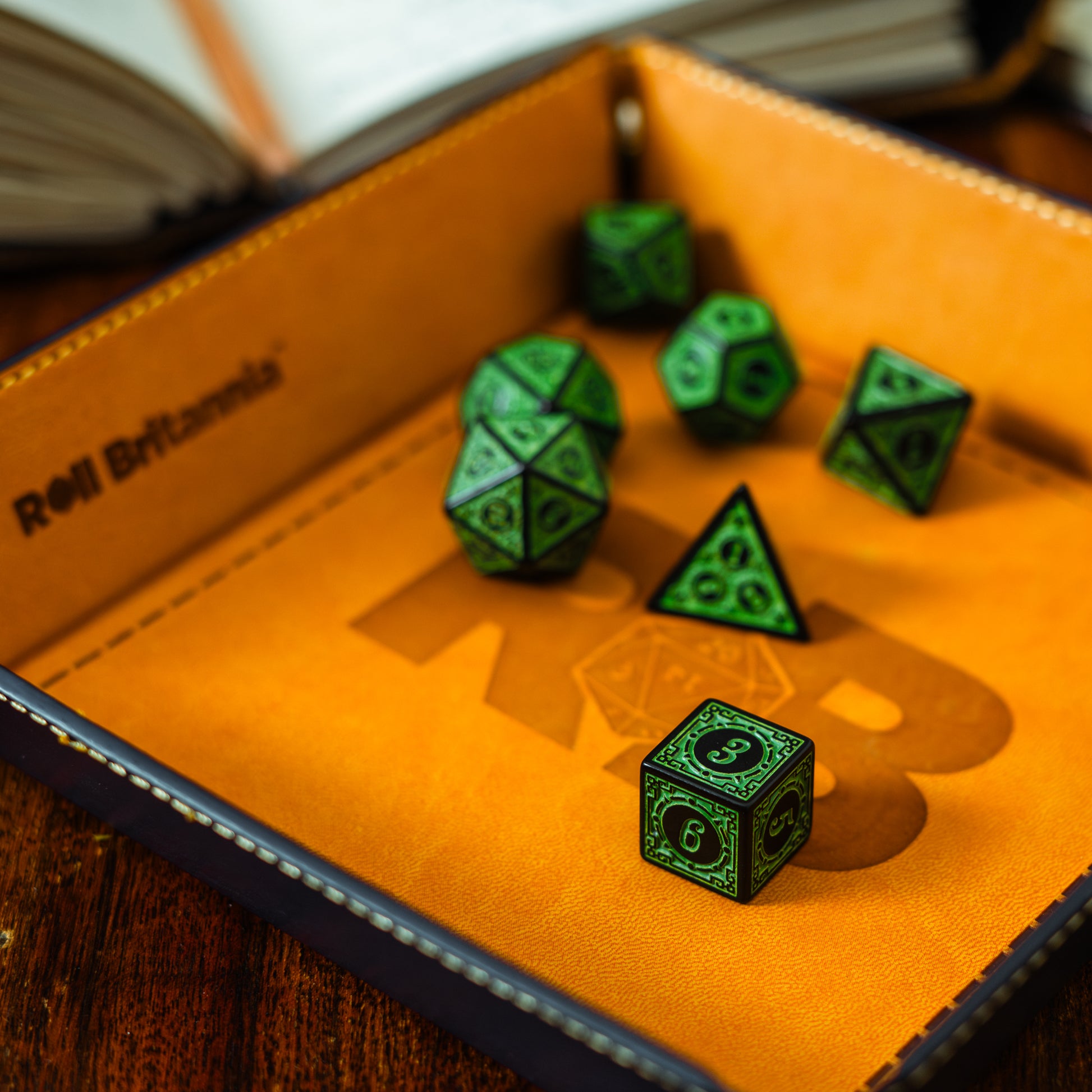 Roll Britannia Keth Frostiron Dungeons and Dragons Dice Set on leather branded dice tray