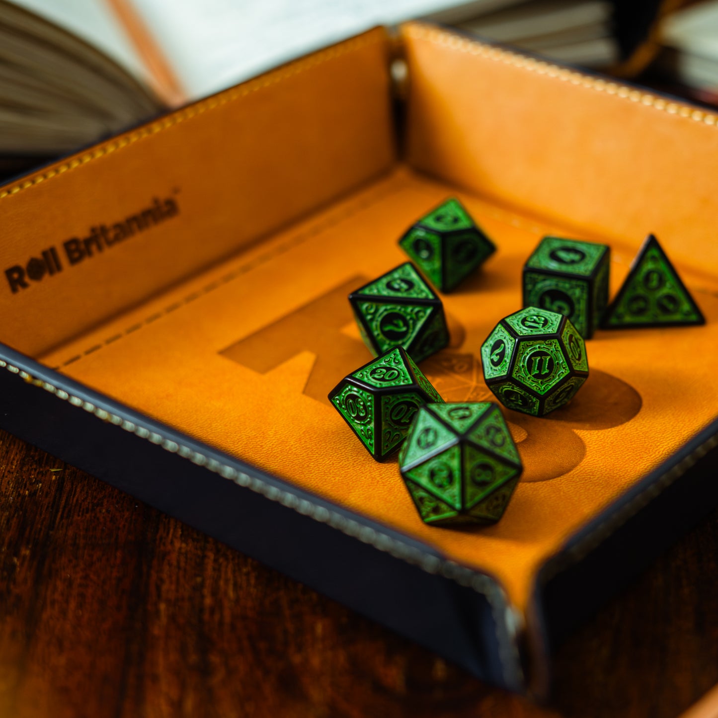 Roll Britannia Keth Frostiron Dungeons and Dragons Dice Set on leather branded dice tray