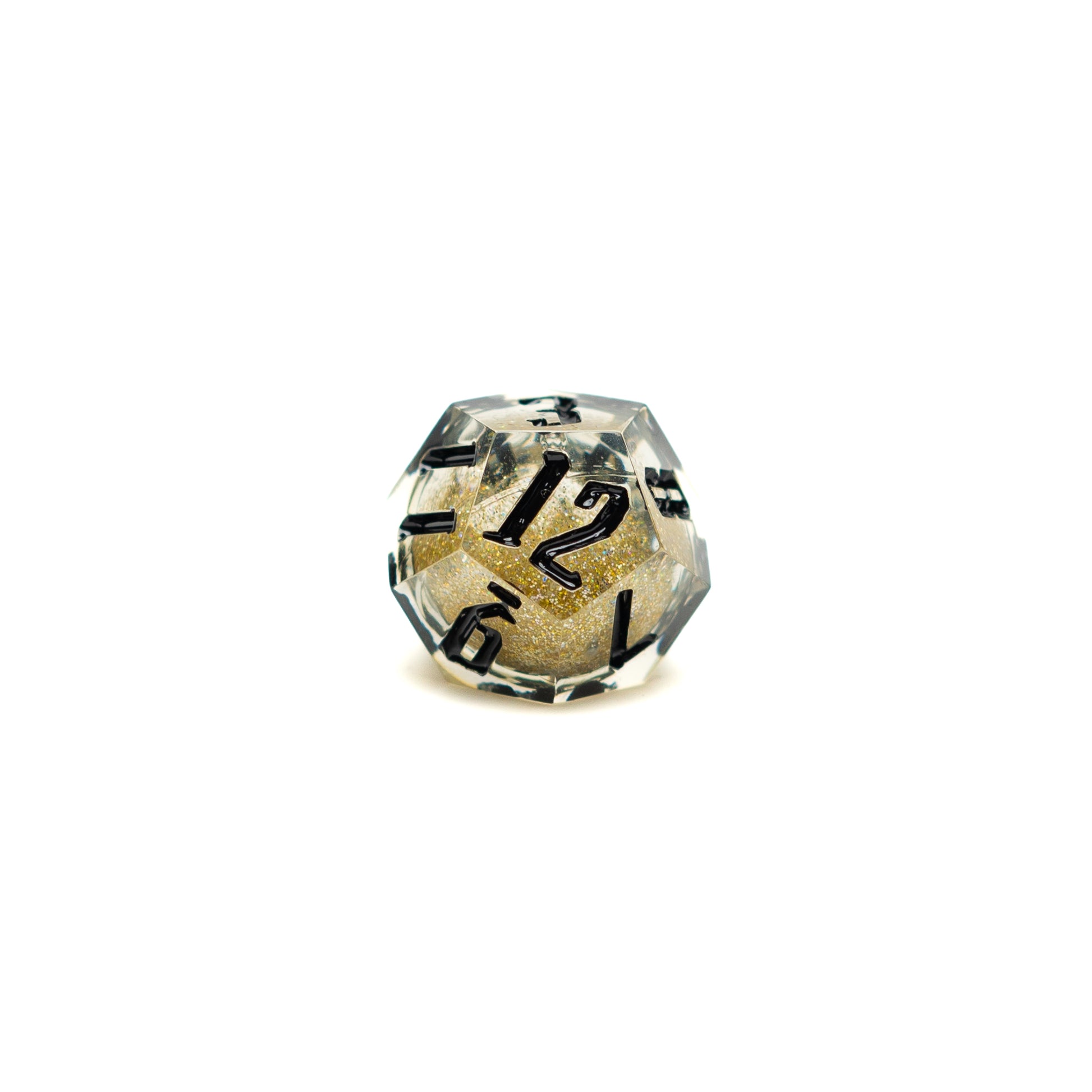 Roll Britannia Sharp Edge Resin Liquid Core Dungeons and Dragons D12 Dice with Gold Glitter Aesthetic