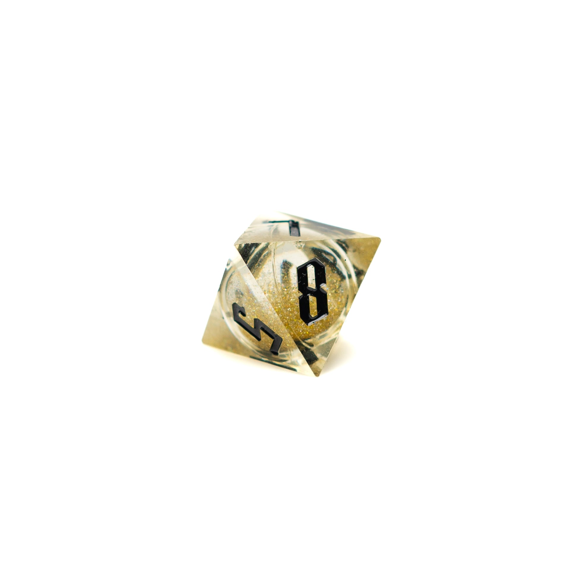 Roll Britannia Sharp Edge Resin Liquid Core Dungeons and Dragons D8 Dice with Gold Glitter Aesthetic