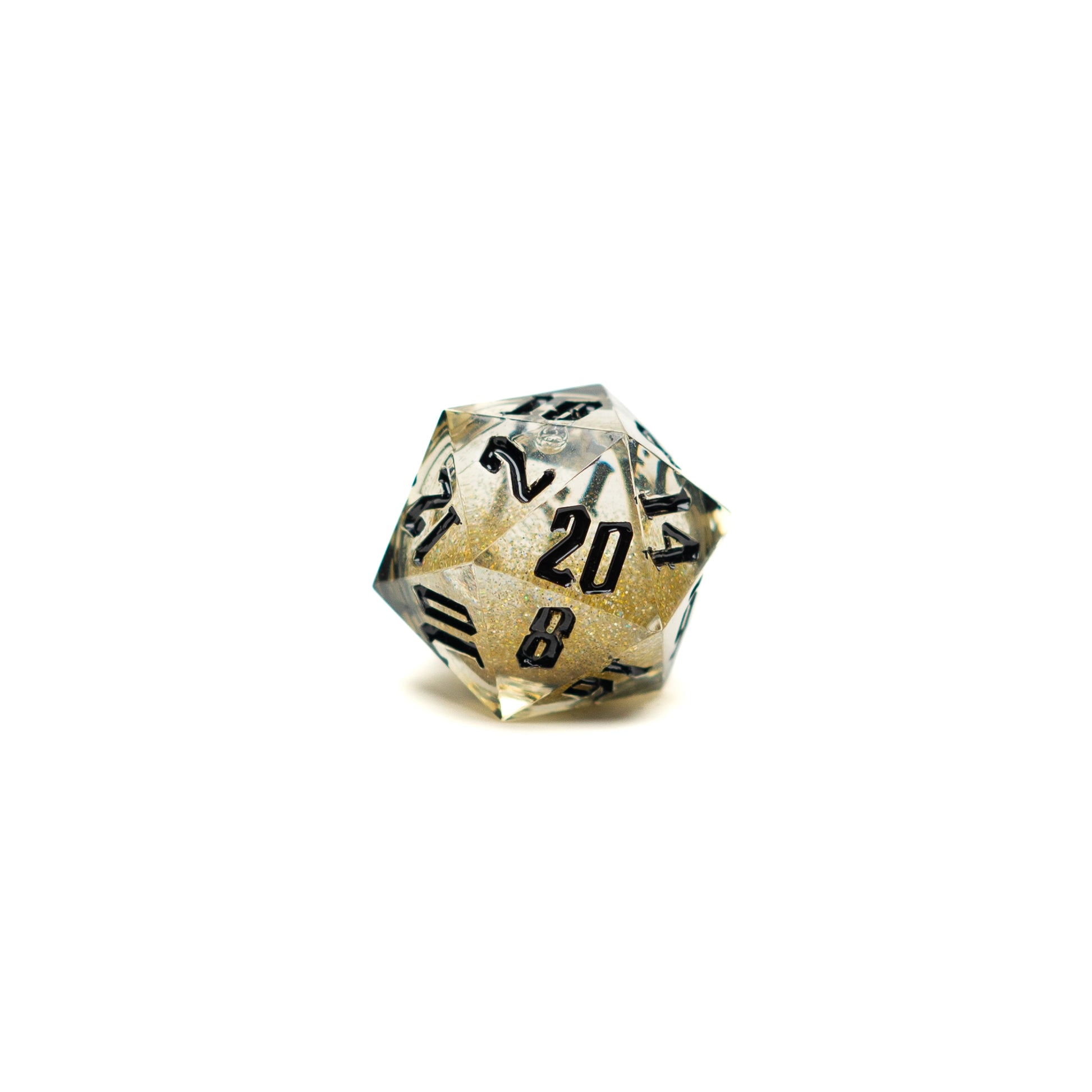 Roll Britannia Sharp Edge Resin Liquid Core Dungeons and Dragons D20 Dice with Gold Glitter Aesthetic