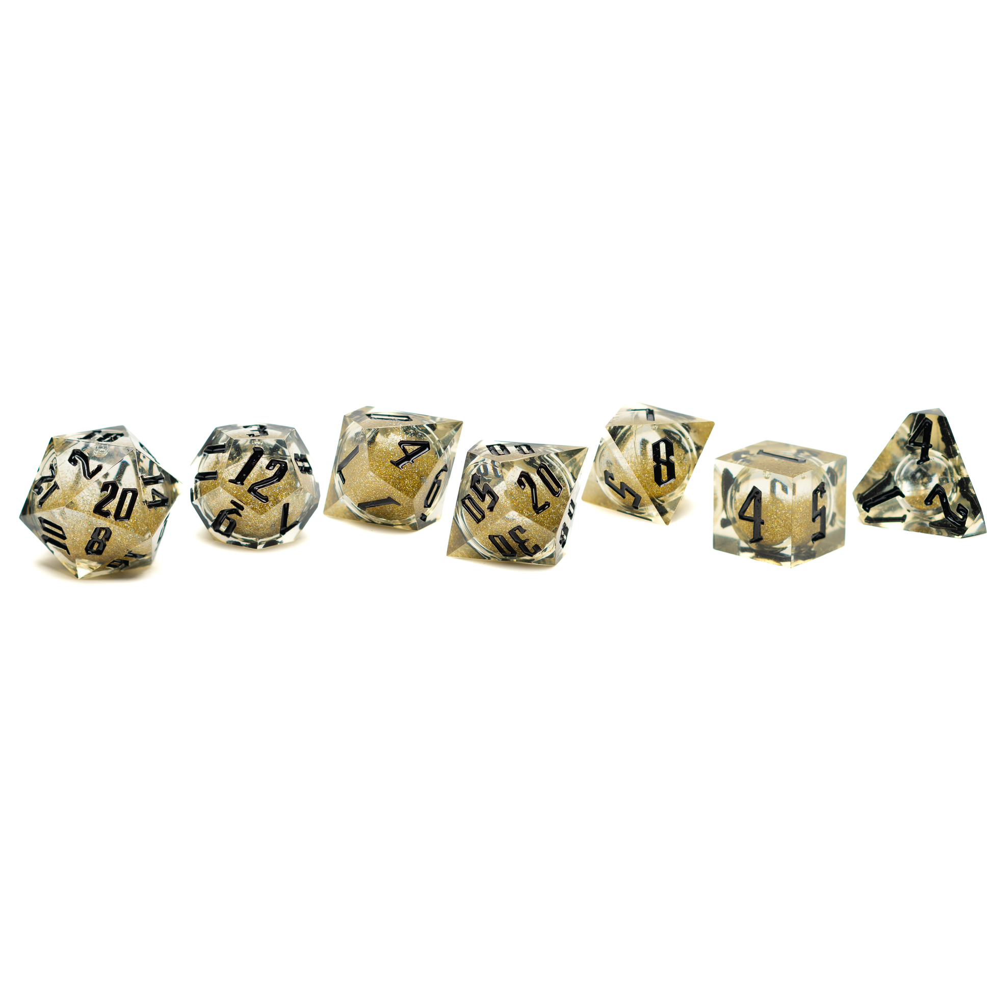 Roll Britannia Sharp Edge Resin Liquid Core Dungeons and Dragons Dice Set with Gold Glitter Aesthetic