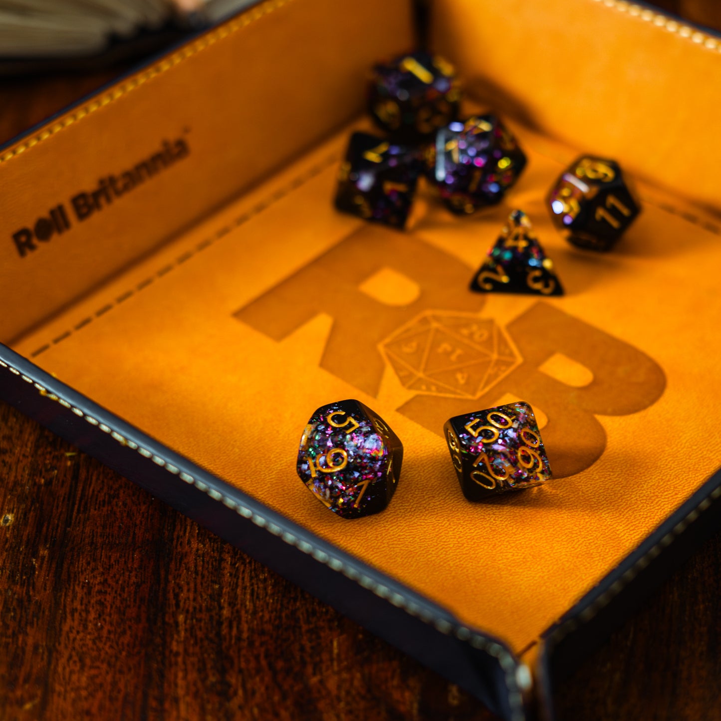 Roll Britannia Derek Normalbeard Dungeons and Dragons Dice Set in branded leather dice tray