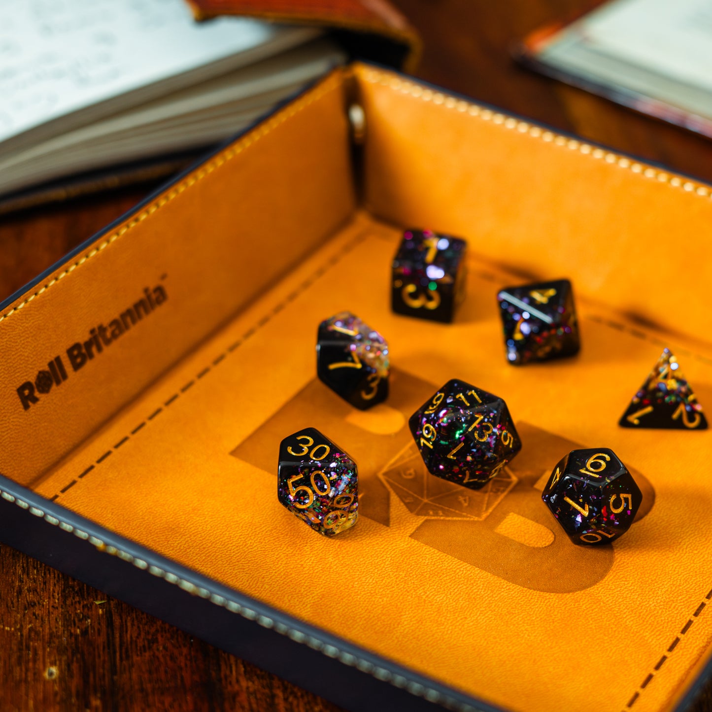 Roll Britannia Derek Normalbeard Dungeons and Dragons Dice Set in leather branded dice tray