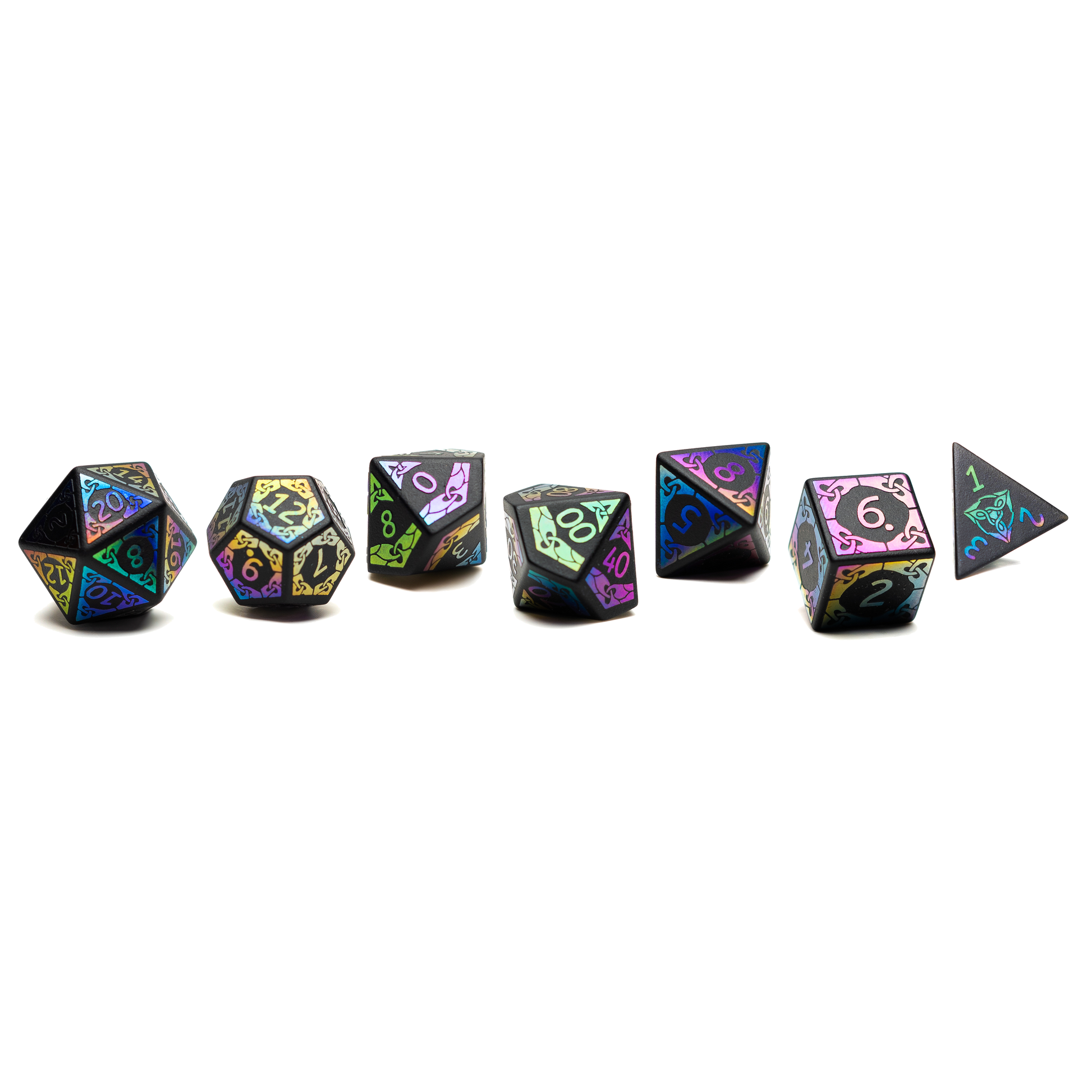 Roll Britannia Sharp Edged Obsidian Gemstone Dungeons and Dragons Dice Set with Iridescent aesthetic