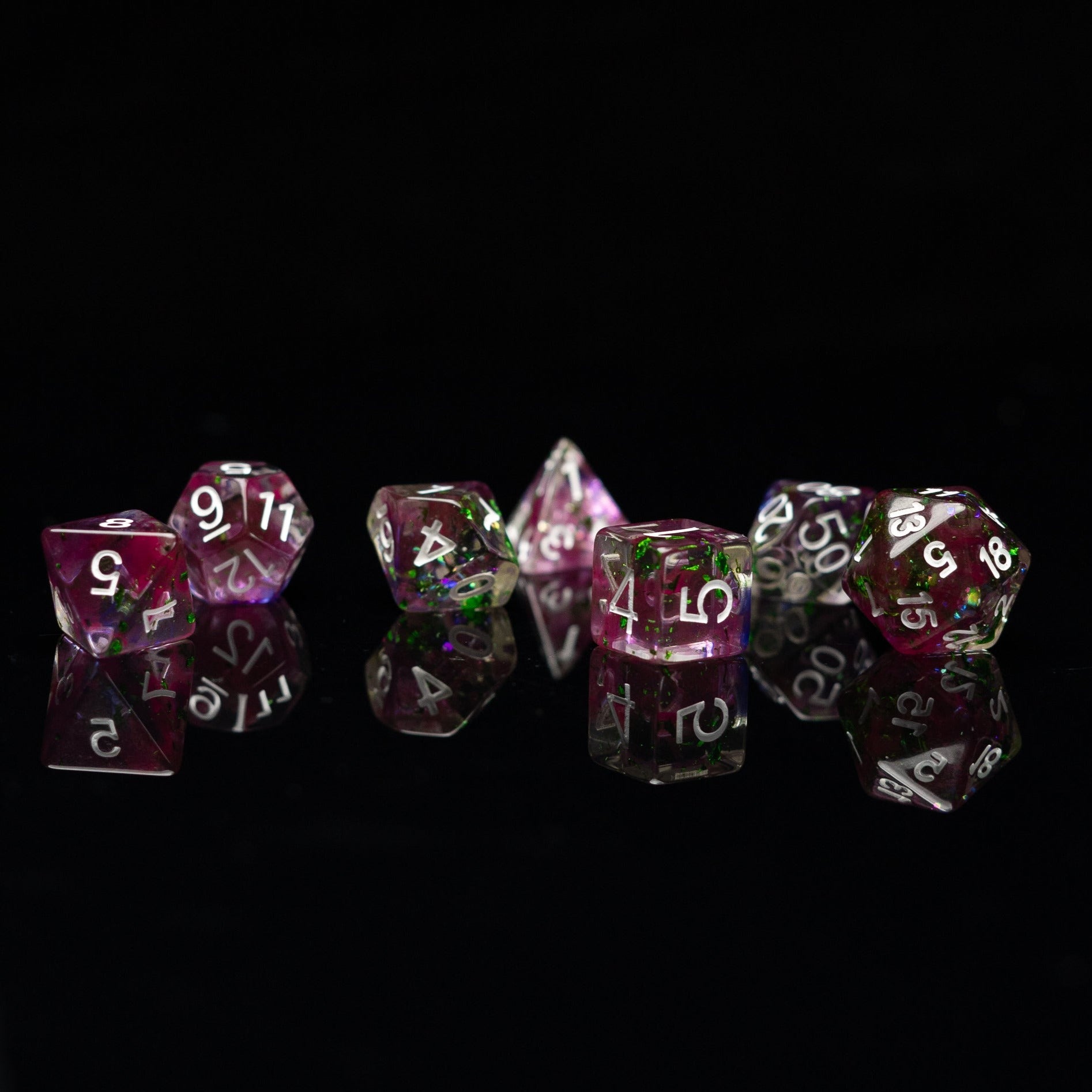 Roll Britannia Malrus and Milo Tosscobble Dnd Dice Set with Swirling Purple and Green Glitter Aesthetic