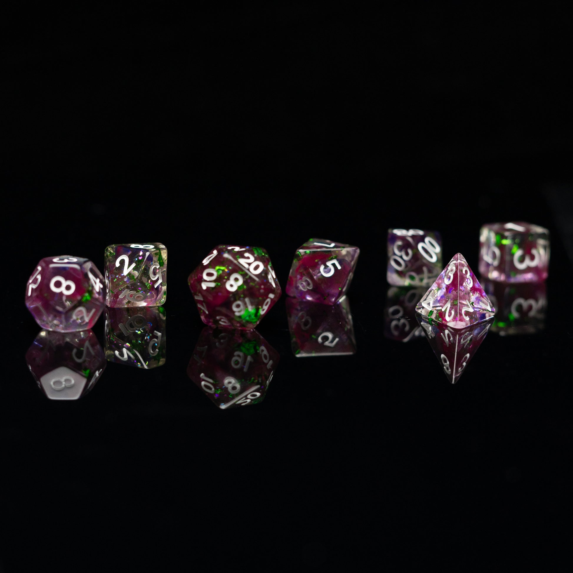 Roll Britannia Malrus and Milo Tosscobble Dnd Dice Set with Swirling Purple and Green Glitter Aesthetic