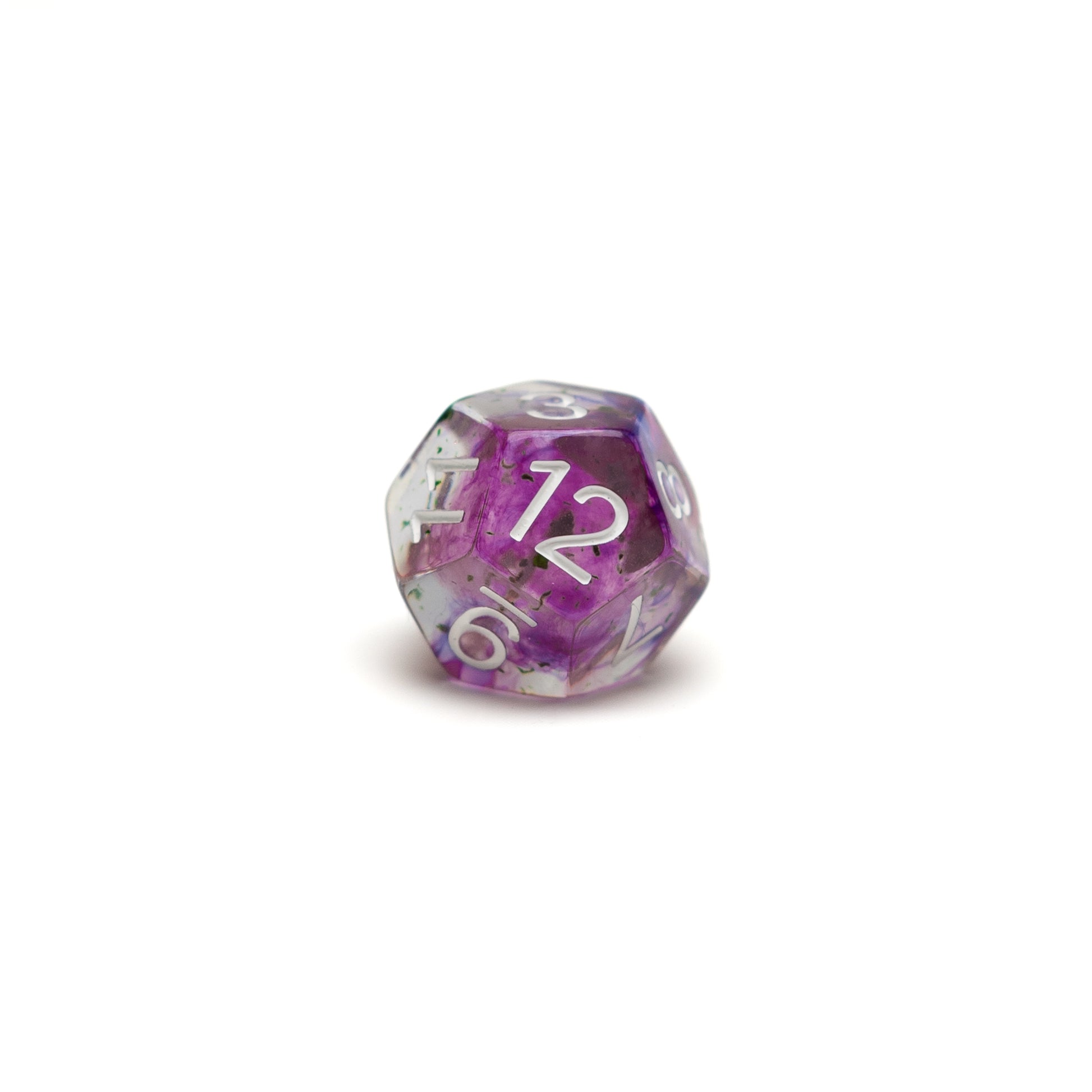 Roll Britannia Malrus and Milo Tosscobble Dungeons and Dragons D12 Dice with Swirling Purple and Green Glitter Aesthetic