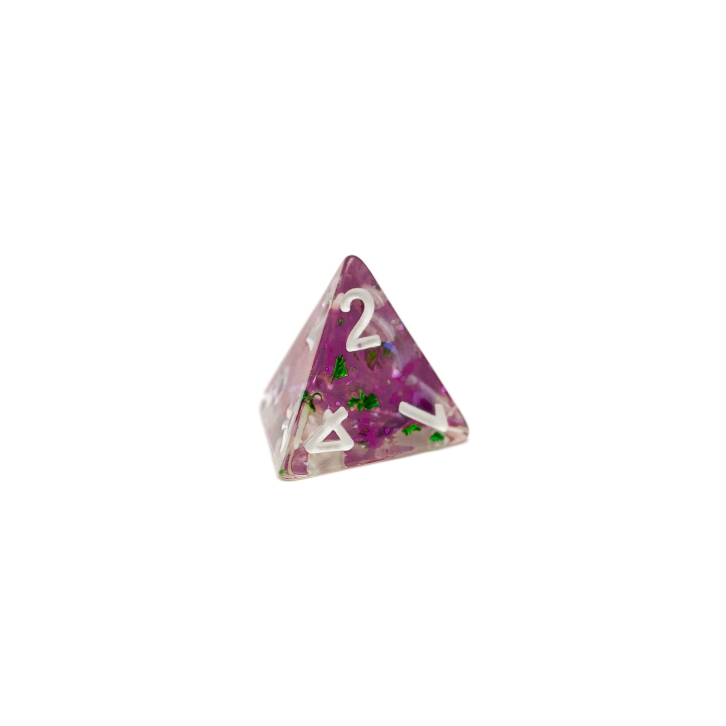 Roll Britannia Malrus and Milo Tosscobble Dungeons and Dragons D4 Dice with Swirling Purple and Green Glitter Aesthetic