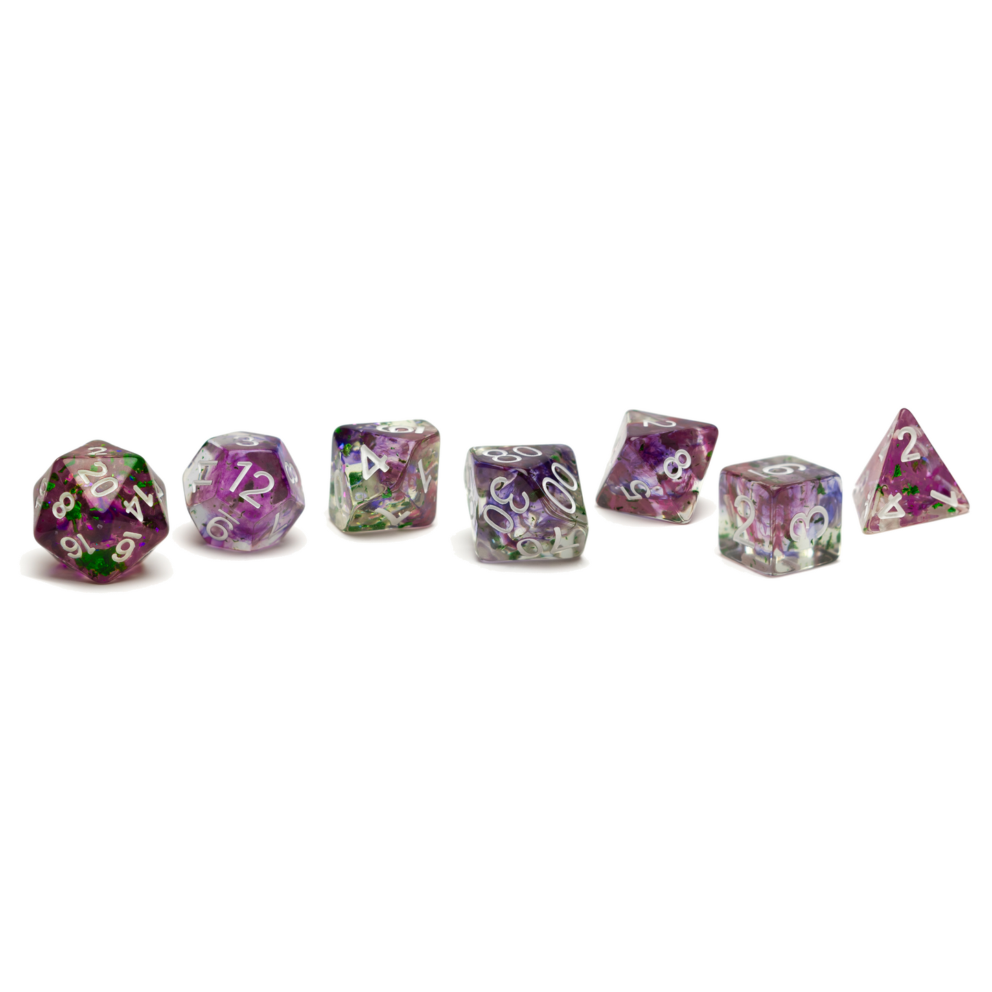 Roll Britannia Malrus and Milo Tosscobble Dungeons and Dragons Dice Set with Swirling Purple and Green Glitter Aesthetic